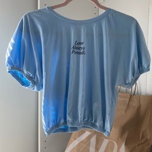 Blue puff sleeve Zara sinched crop top